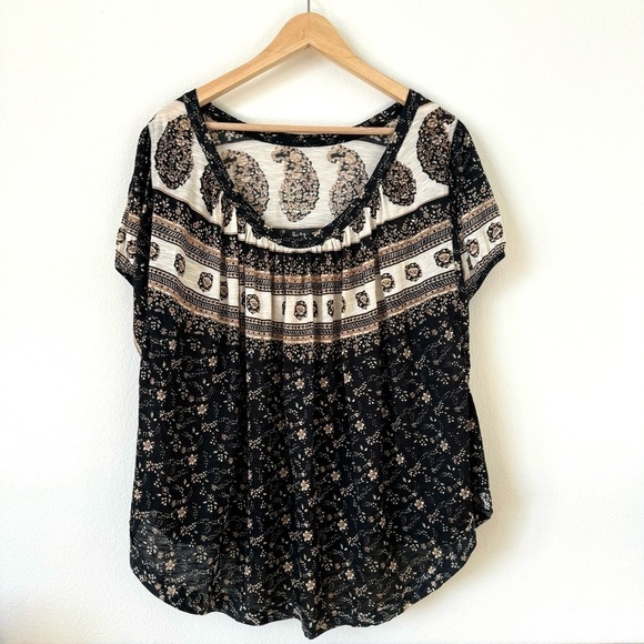 Free People Paisley Tee Shirt Blouse Black Brown XS - Picture 5 of 14